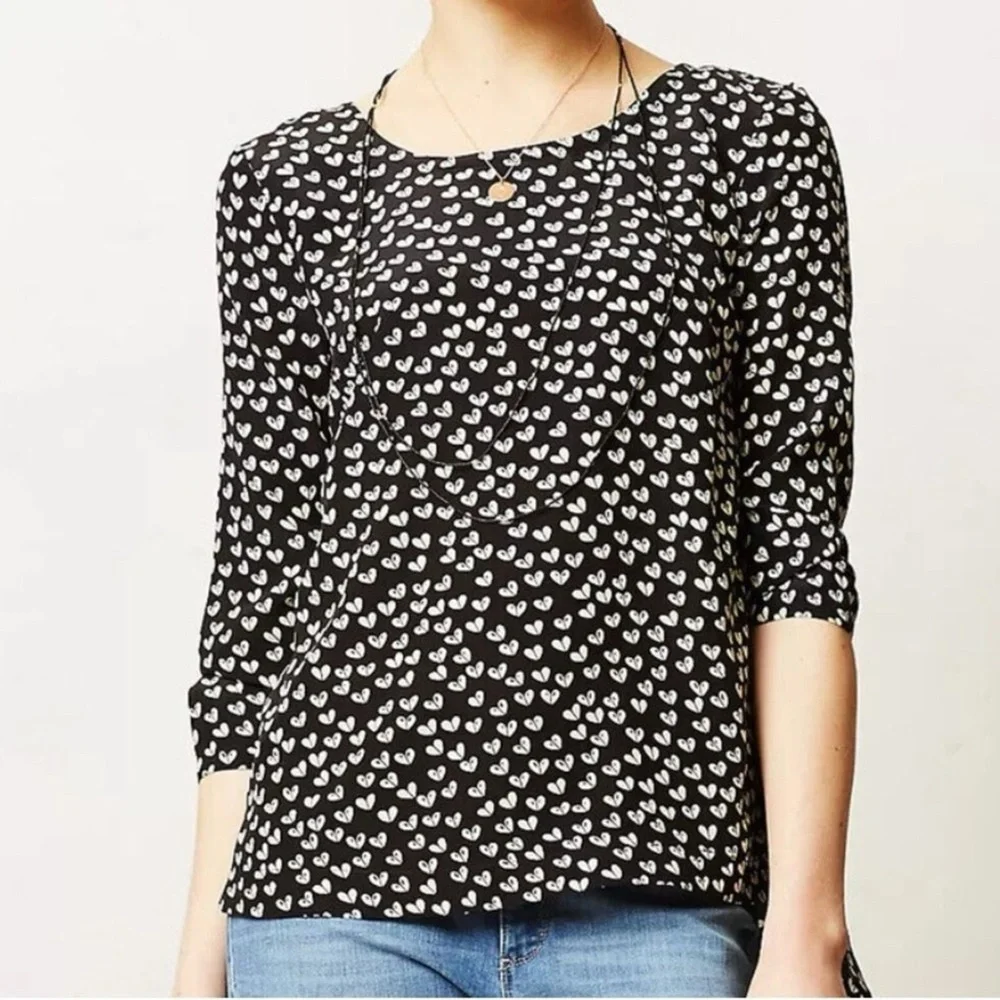 Maeve Anthropologie Sz Small Women’s Black White Linosa Heart Print Silk Blouse